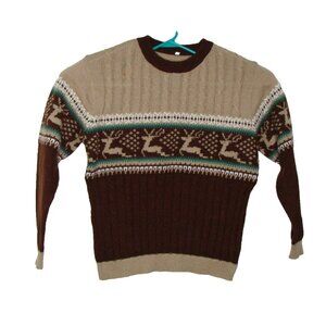 Shein Deer Wildlife Knit Pullover Sweater Unisex XL LS Winter Brown Tan Flaw Vtg